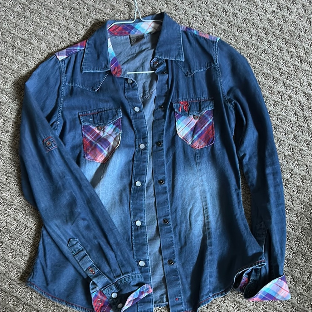 Denim Button Down Shirt with Plaid Accents